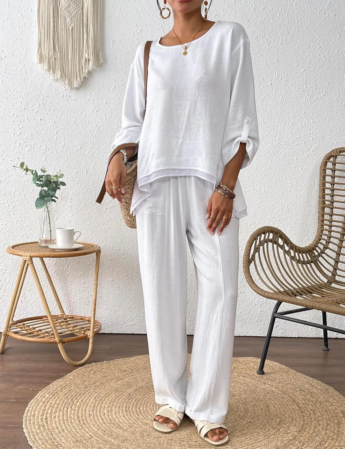 Women's Linen 2 Piece Outfits Rolled Sleeves Tops Wide Leg Trouser Pants Suits Summer Casual Dressy Linen Sets