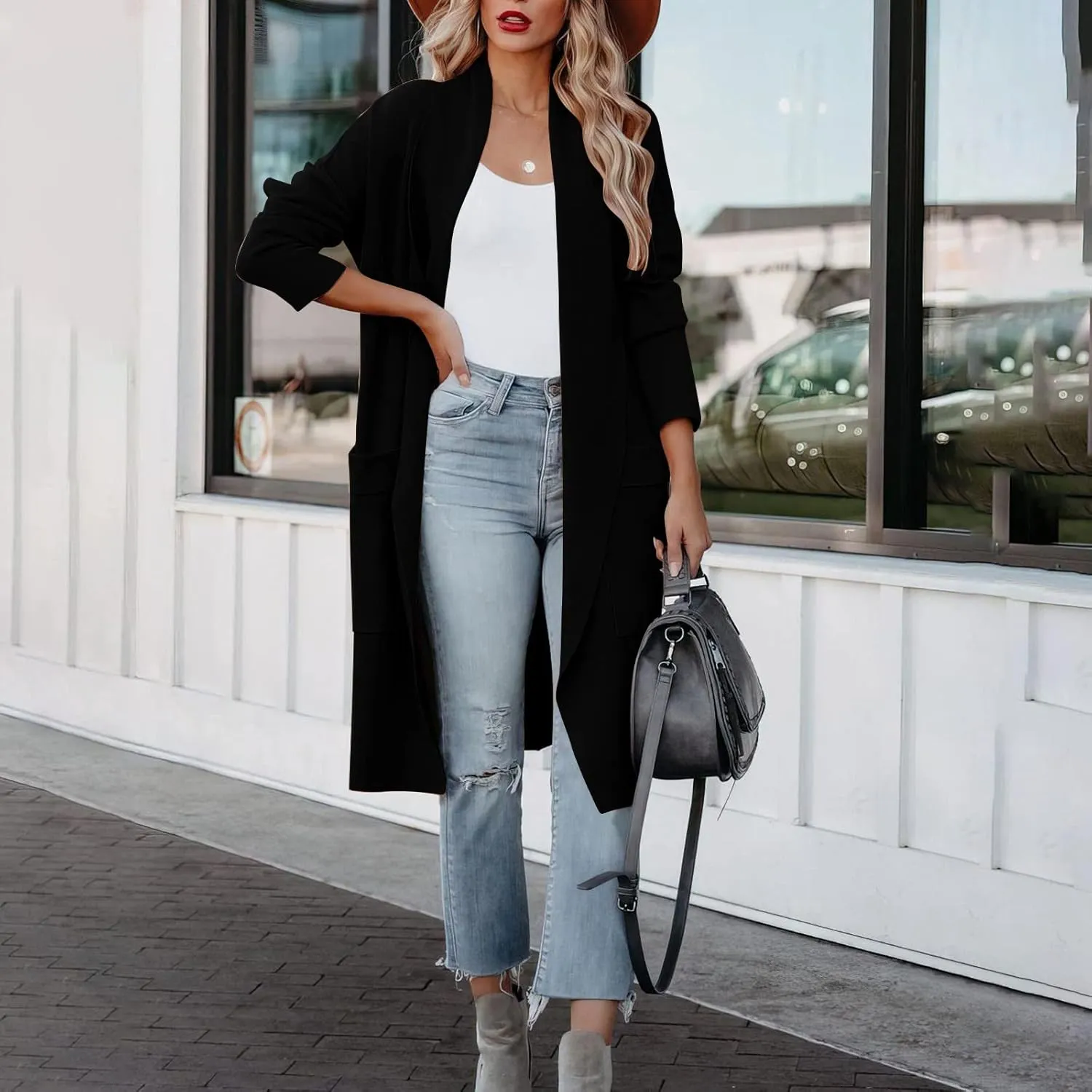 Womens Long Pea Coats Classic Lapel Collar Open Front Wool Blend Trench Coat Dressy Casual Business Midi Long Jackets
