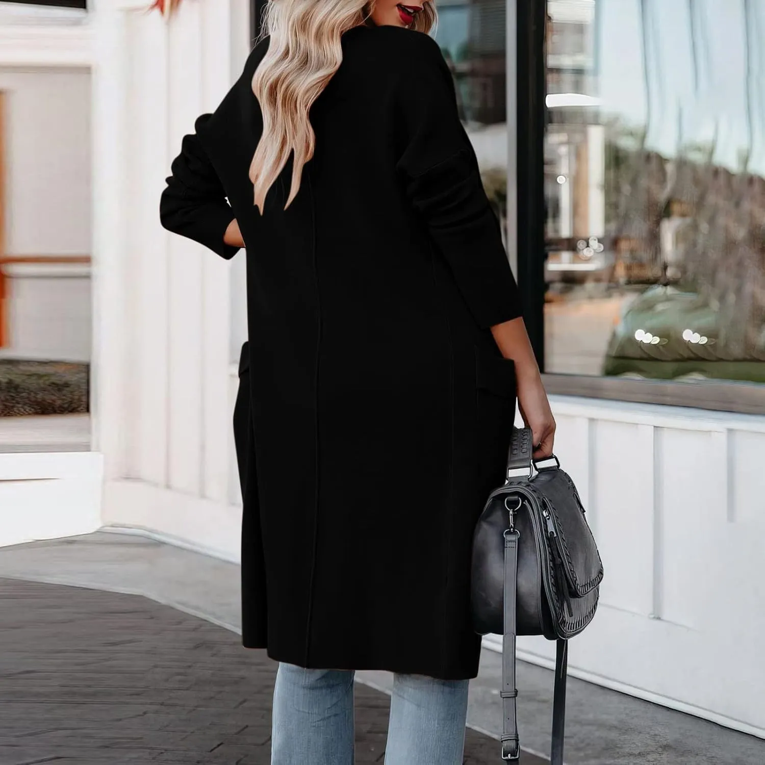 Womens Long Pea Coats Classic Lapel Collar Open Front Wool Blend Trench Coat Dressy Casual Business Midi Long Jackets