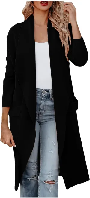 Womens Long Pea Coats Classic Lapel Collar Open Front Wool Blend Trench Coat Dressy Casual Business Midi Long Jackets