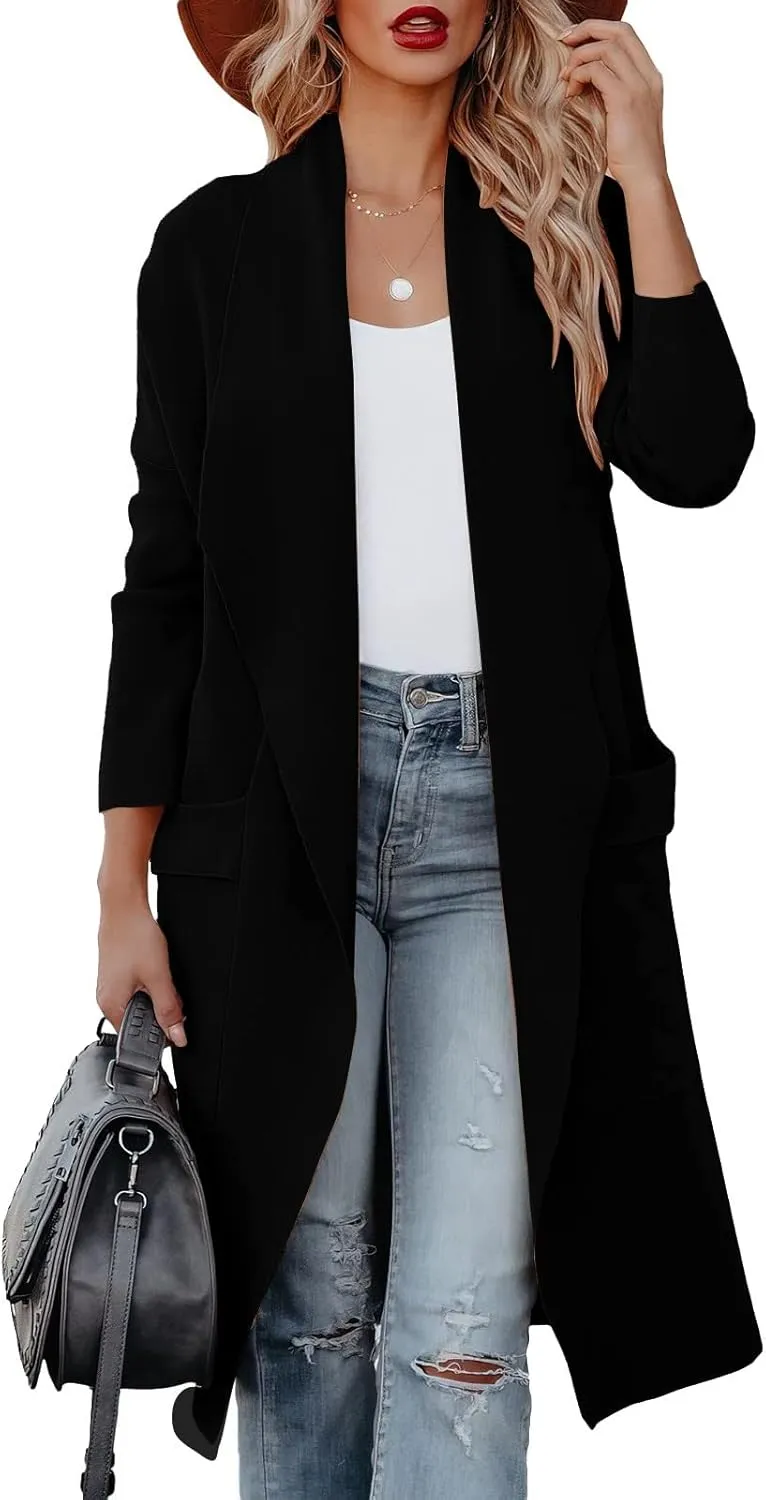 Womens Long Pea Coats Classic Lapel Collar Open Front Wool Blend Trench Coat Dressy Casual Business Midi Long Jackets