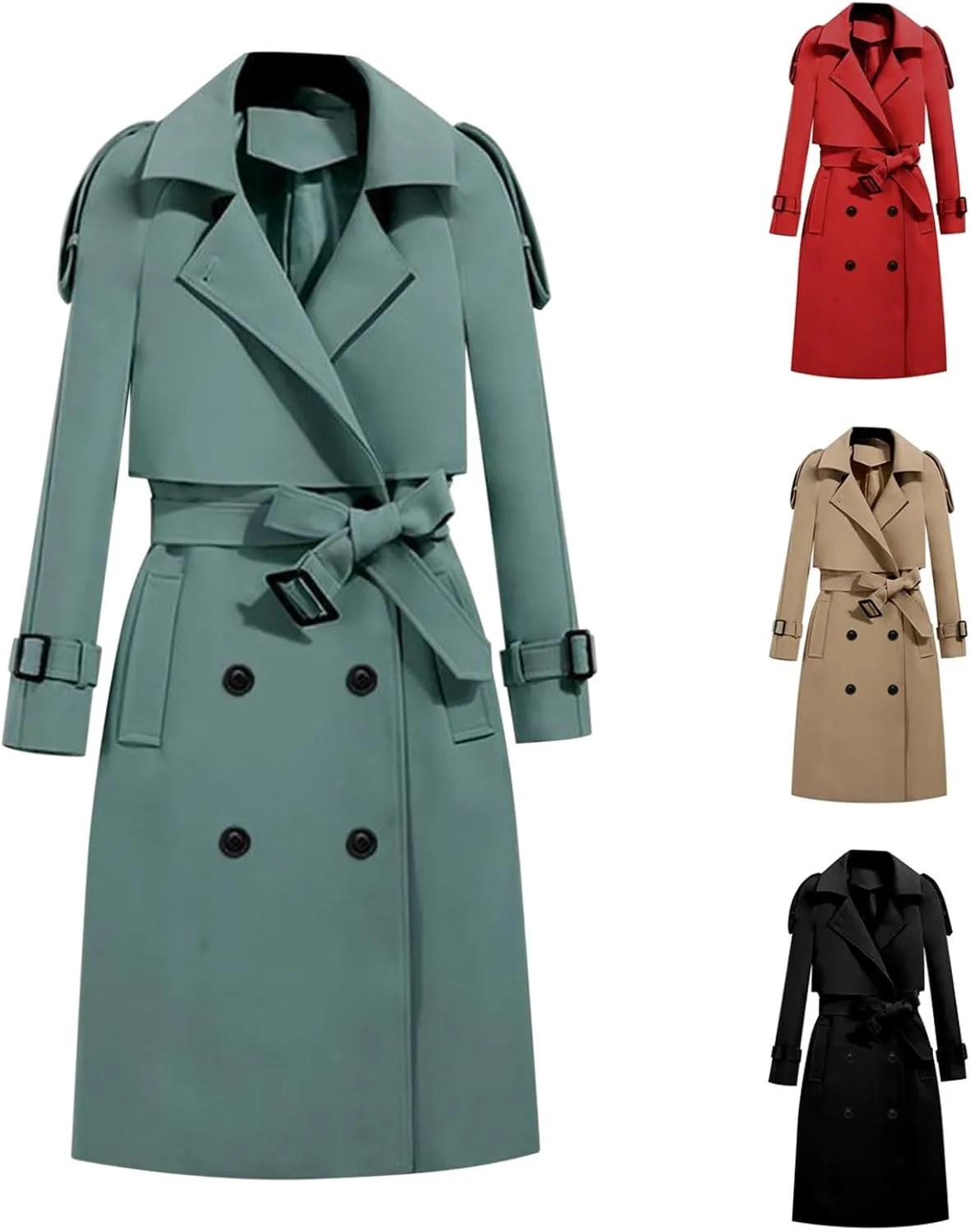 Women's Long Trench Coat Double Breasted Notch Lapel Collar Pea Coat Long Sleeve Fall Winter Overcoat with Belt