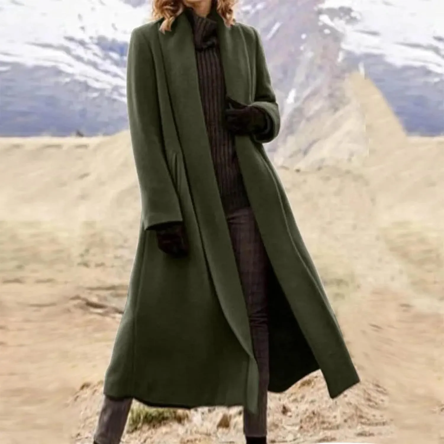 Women's Long Winter Pea Coat Open Front Wool Blend Cardigan Overcoat Loose Lapel Trench Coats Classy Outerwear