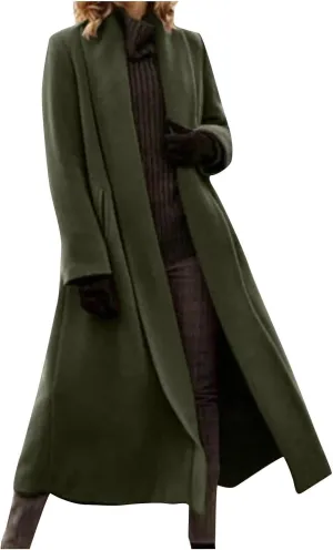 Women's Long Winter Pea Coat Open Front Wool Blend Cardigan Overcoat Loose Lapel Trench Coats Classy Outerwear