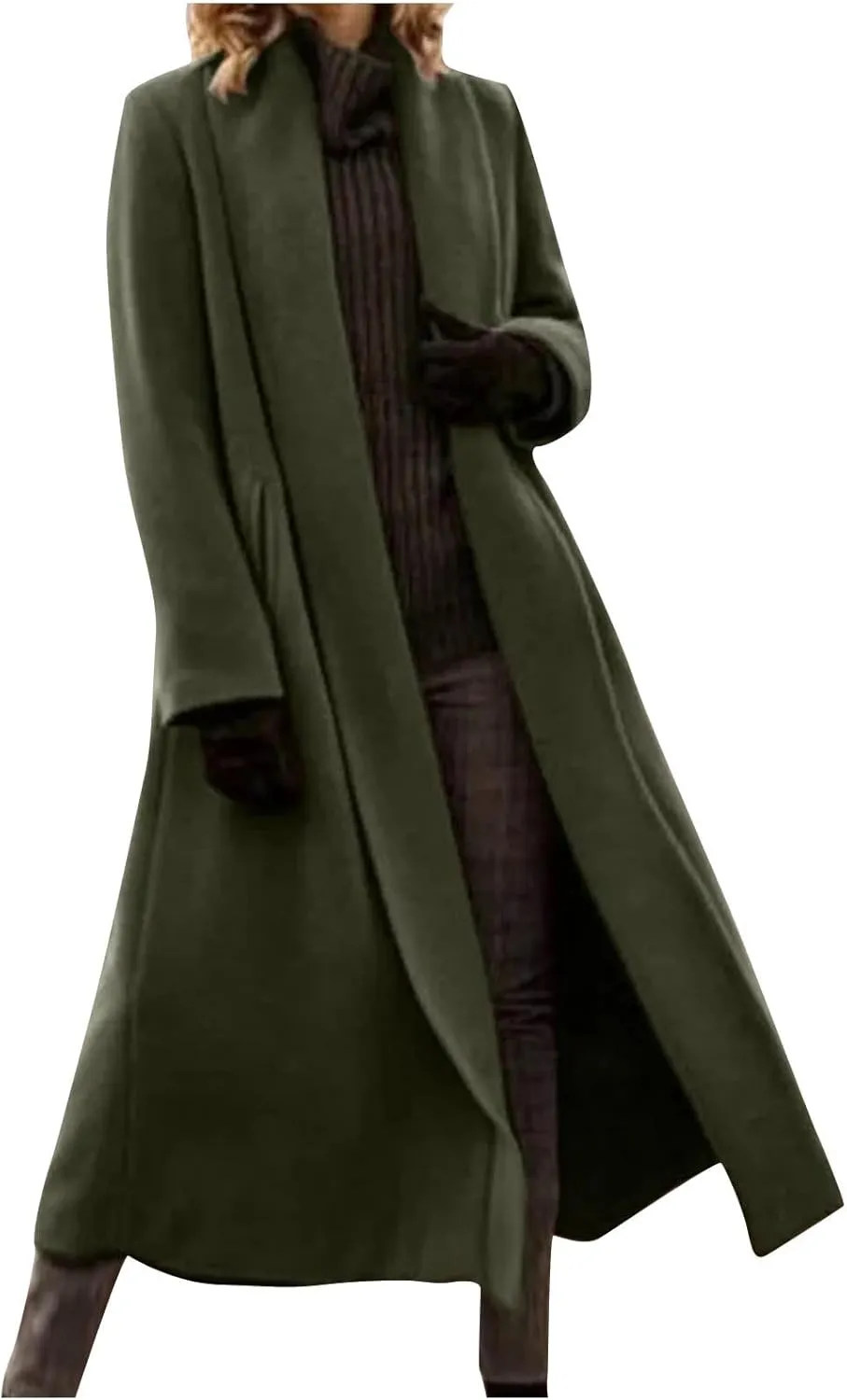 Women's Long Winter Pea Coat Open Front Wool Blend Cardigan Overcoat Loose Lapel Trench Coats Classy Outerwear