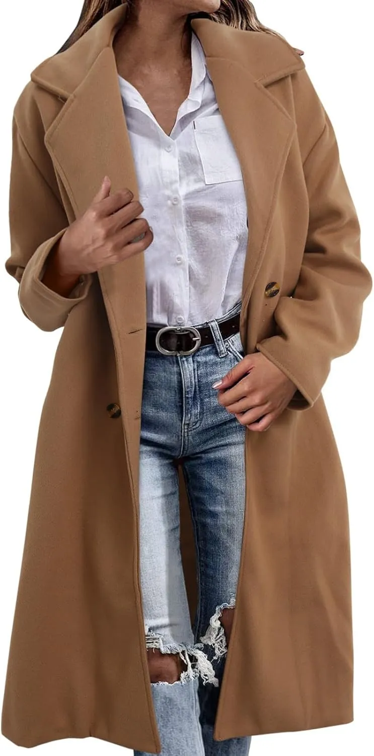 Women's Notched Collar Wool Blend Pea Coat Winter Long Oversized Button Down Overcoats Double Breasted Trench Coat