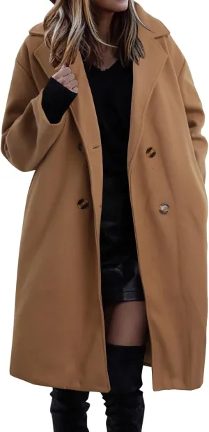 Women's Notched Collar Wool Blend Pea Coat Winter Long Oversized Button Down Overcoats Double Breasted Trench Coat