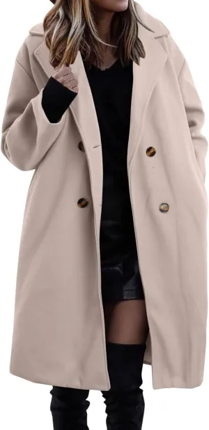 Women's Notched Collar Wool Blend Pea Coat Winter Long Oversized Button Down Overcoats Double Breasted Trench Coat