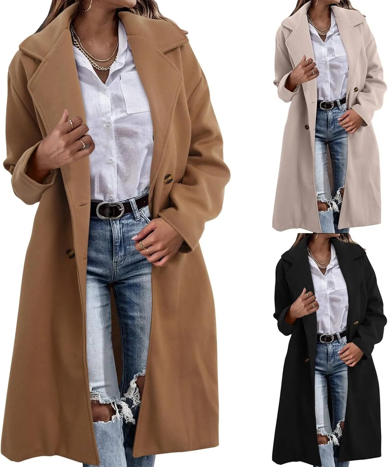 Women's Notched Collar Wool Blend Pea Coat Winter Long Oversized Button Down Overcoats Double Breasted Trench Coat