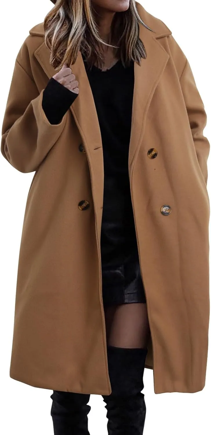 Women's Notched Collar Wool Blend Pea Coat Winter Long Oversized Button Down Overcoats Double Breasted Trench Coat