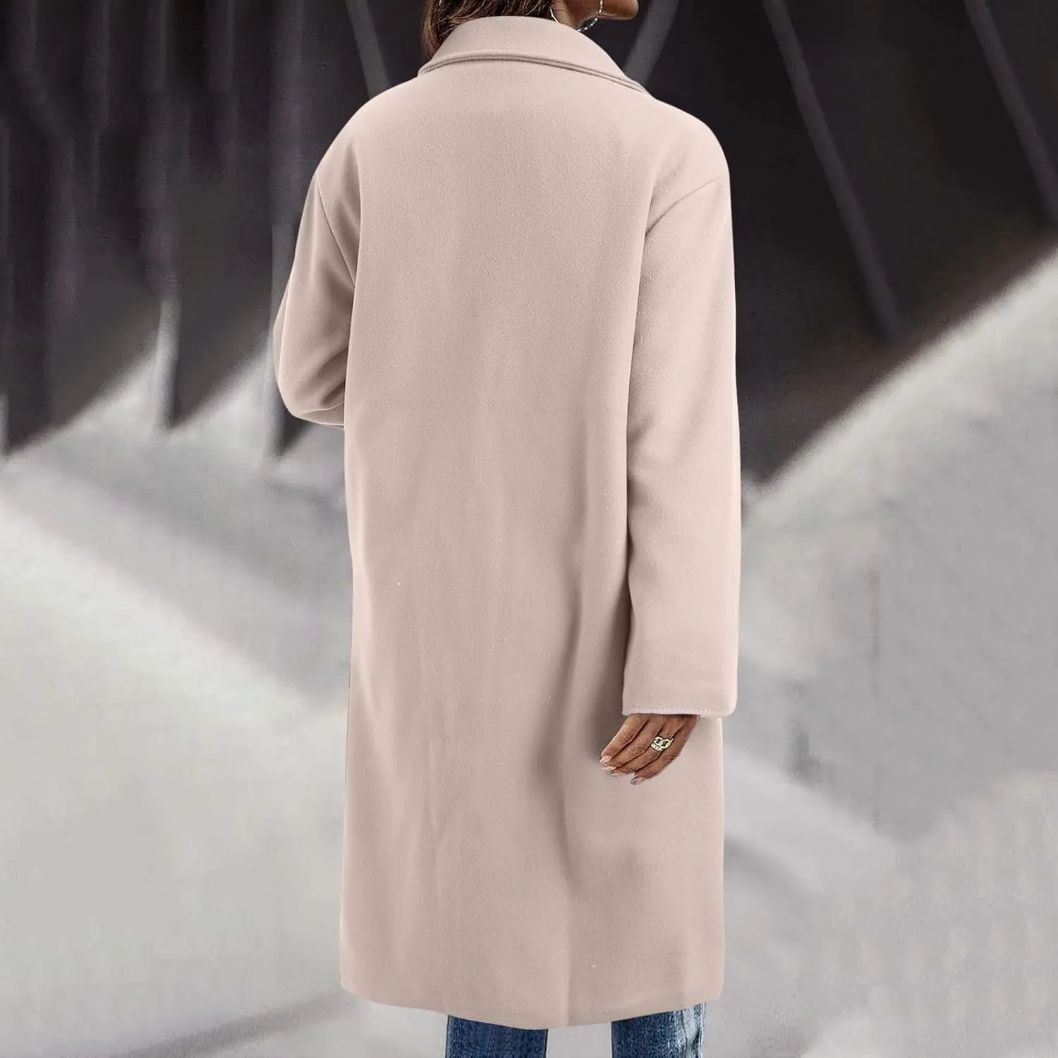 Women's Notched Collar Wool Blend Pea Coat Winter Long Oversized Button Down Overcoats Double Breasted Trench Coat