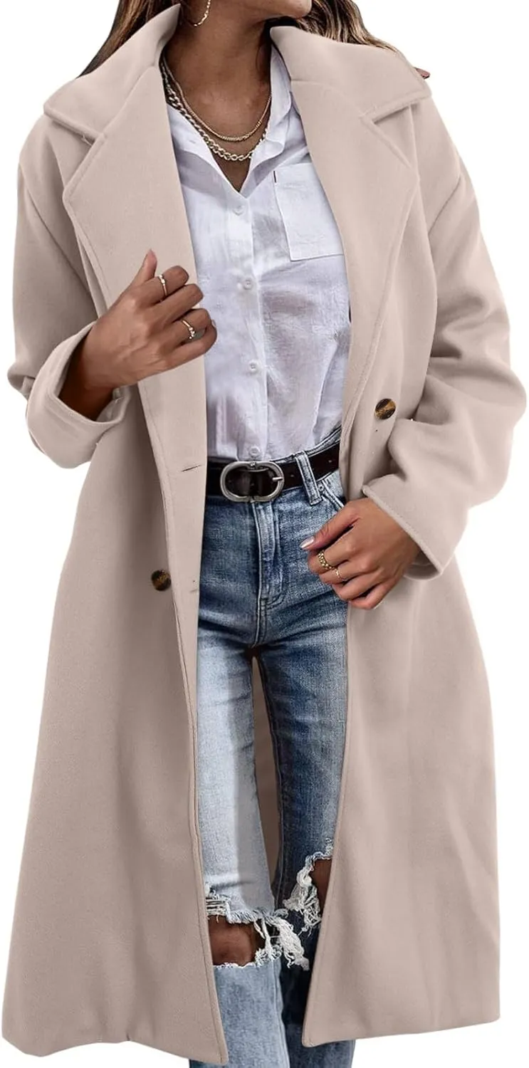 Women's Notched Collar Wool Blend Pea Coat Winter Long Oversized Button Down Overcoats Double Breasted Trench Coat