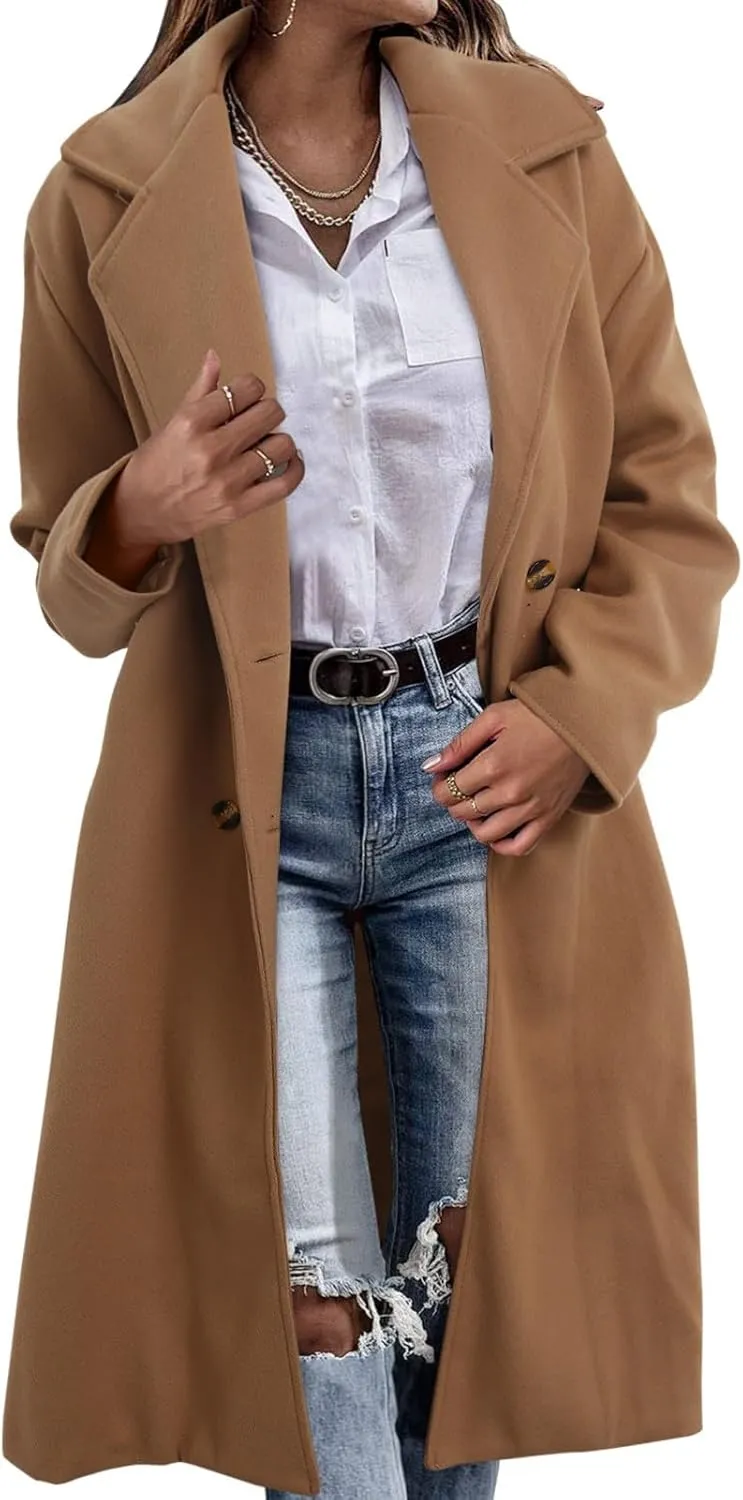 Women's Notched Collar Wool Blend Pea Coat Winter Long Oversized Button Down Overcoats Double Breasted Trench Coat