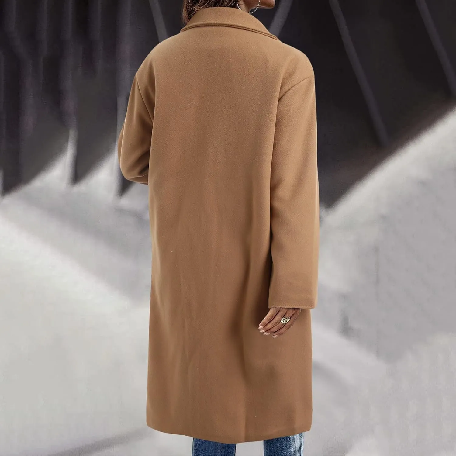 Women's Notched Collar Wool Blend Pea Coat Winter Long Oversized Button Down Overcoats Double Breasted Trench Coat