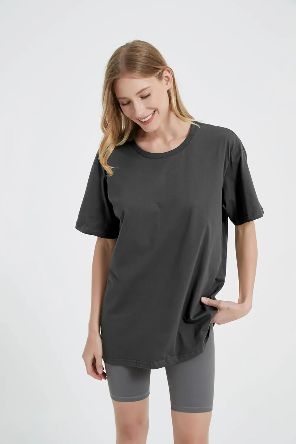 Womens Oversized Boyfriend Tee Shirts Short Sleeve Trendy Crew Neck Loose Workout Tee Casual Summer Tops Cotton