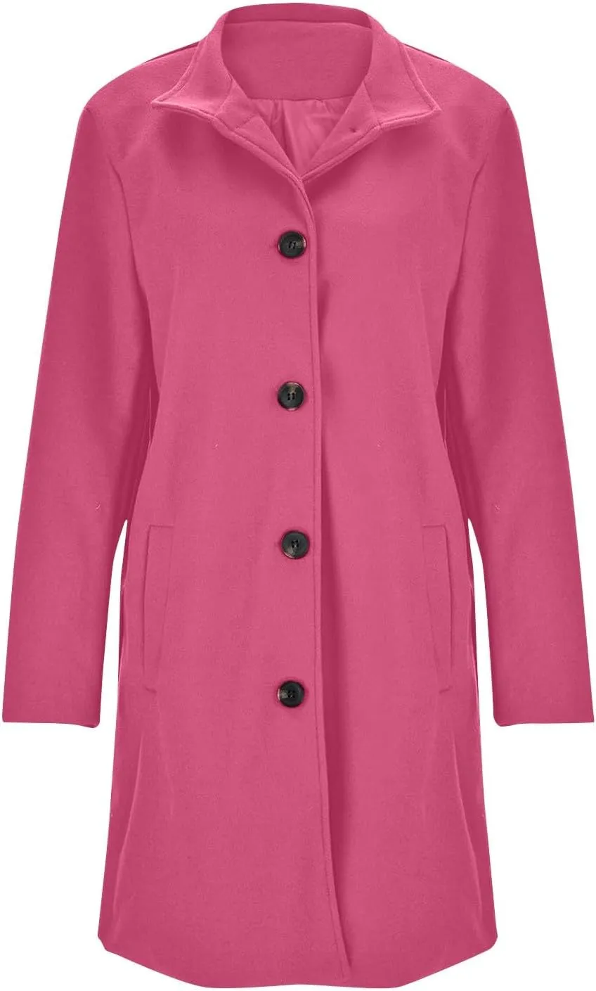 Womens Pea Coat Elegant Single Breasted Winter Trench Coat Dressy Casual Thicken Wool Blend Blazer Jacket with Pockets