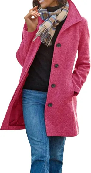 Womens Pea Coat Elegant Single Breasted Winter Trench Coat Dressy Casual Thicken Wool Blend Blazer Jacket with Pockets