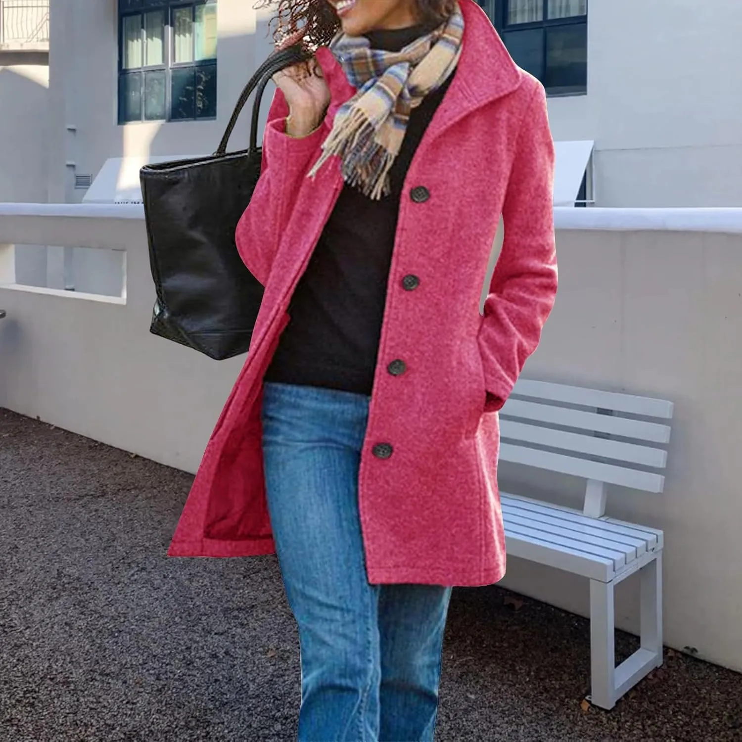 Womens Pea Coat Elegant Single Breasted Winter Trench Coat Dressy Casual Thicken Wool Blend Blazer Jacket with Pockets