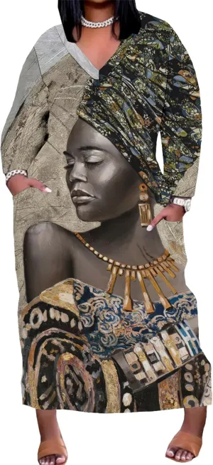 Women's Plus Size African Print Dresses Casual Loose Pocket Short Sleeve Long Maxi Dress