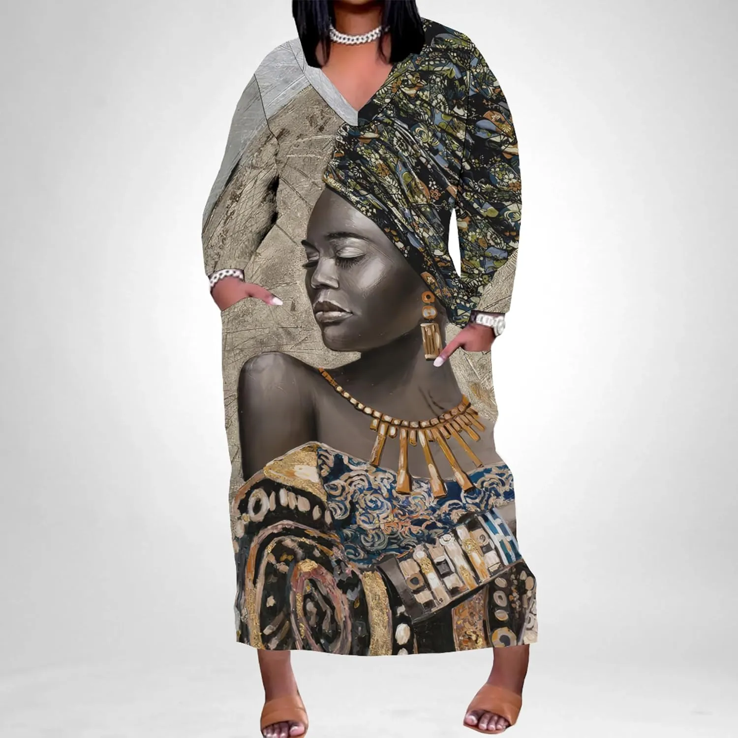 Women's Plus Size African Print Dresses Casual Loose Pocket Short Sleeve Long Maxi Dress