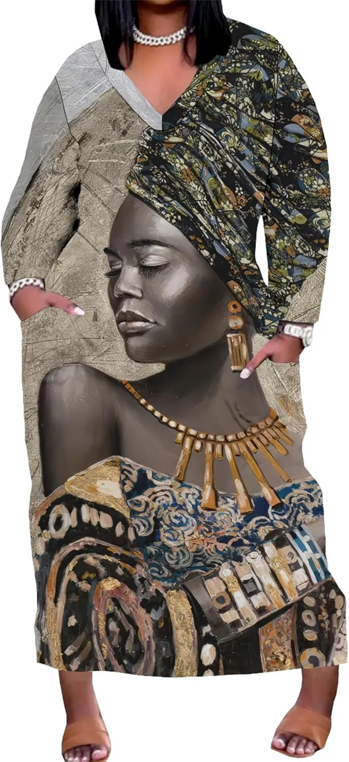 Women's Plus Size African Print Dresses Casual Loose Pocket Short Sleeve Long Maxi Dress