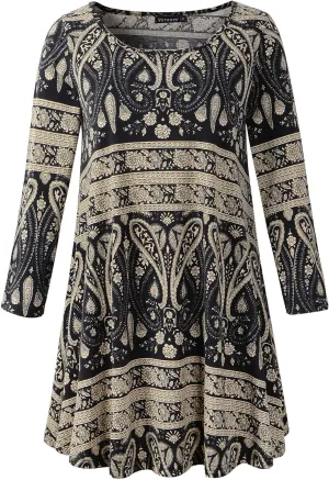Women's Plus Size Swing Tunic Top 3/4 Sleeve Floral Flare T-Shirt