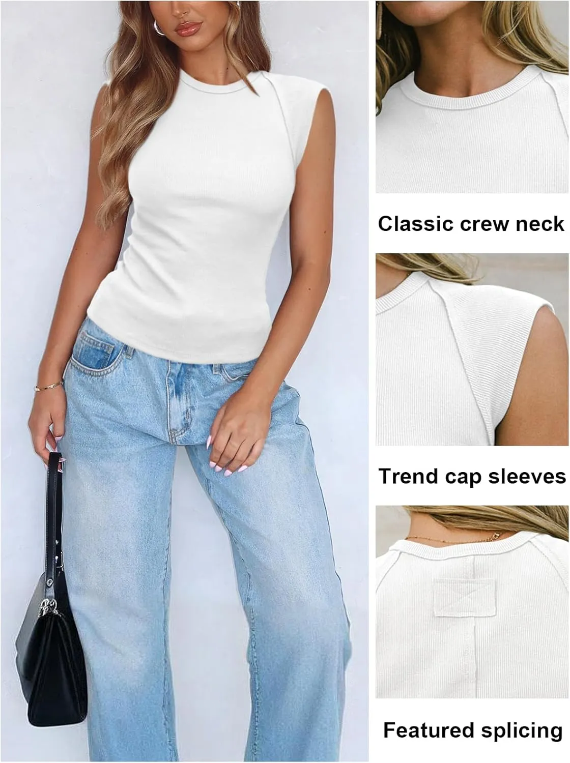 Women's Ribbed Tank Tops Trendy Casual Crew Neck Summer Club Cap Sleeve Slim Fitted Knit Basic Tee Shirts Blouse