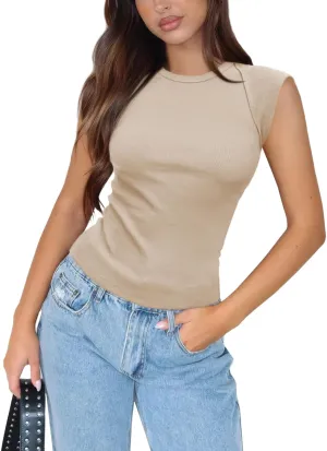 Women's Ribbed Tank Tops Trendy Casual Crew Neck Summer Club Cap Sleeve Slim Fitted Knit Basic Tee Shirts Blouse