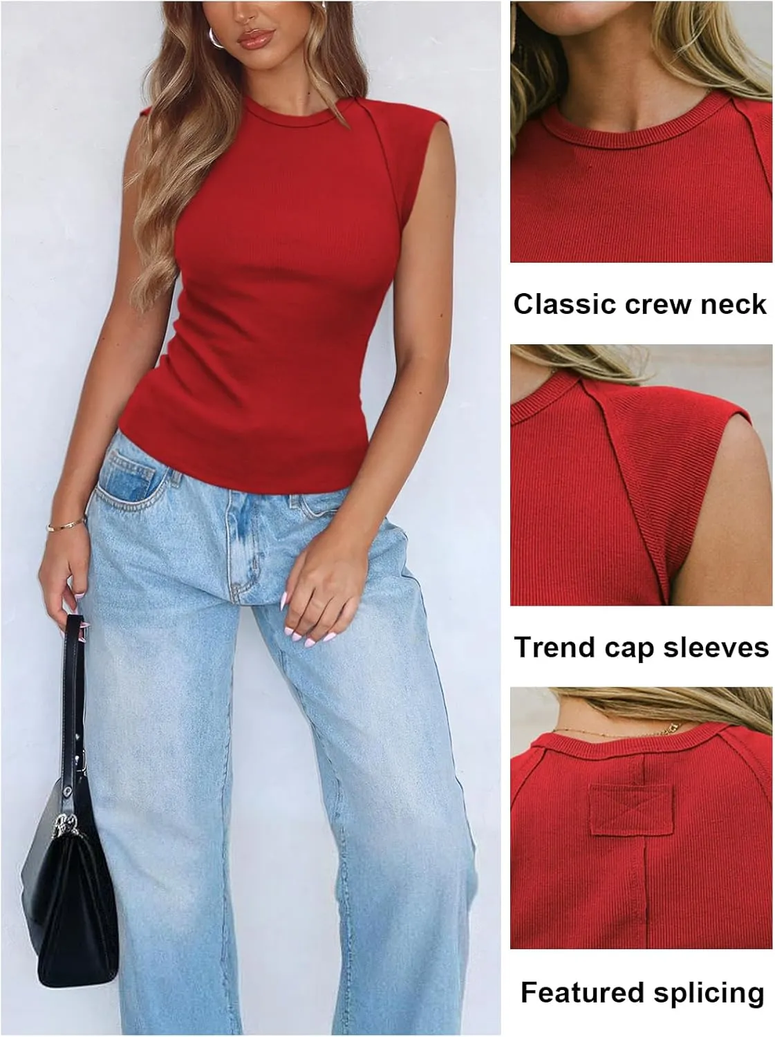 Women's Ribbed Tank Tops Trendy Casual Crew Neck Summer Club Cap Sleeve Slim Fitted Knit Basic Tee Shirts Blouse