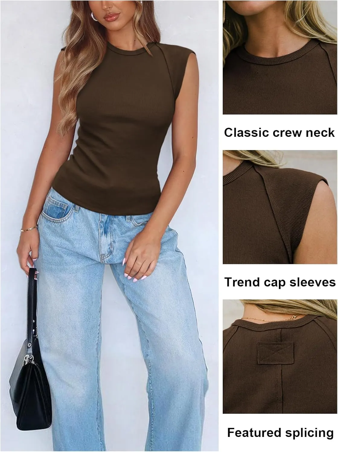 Women's Ribbed Tank Tops Trendy Casual Crew Neck Summer Club Cap Sleeve Slim Fitted Knit Basic Tee Shirts Blouse