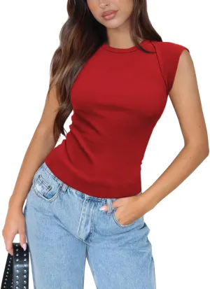 Women's Ribbed Tank Tops Trendy Casual Crew Neck Summer Club Cap Sleeve Slim Fitted Knit Basic Tee Shirts Blouse
