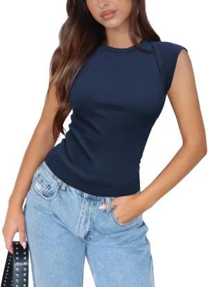 Women's Ribbed Tank Tops Trendy Casual Crew Neck Summer Club Cap Sleeve Slim Fitted Knit Basic Tee Shirts Blouse