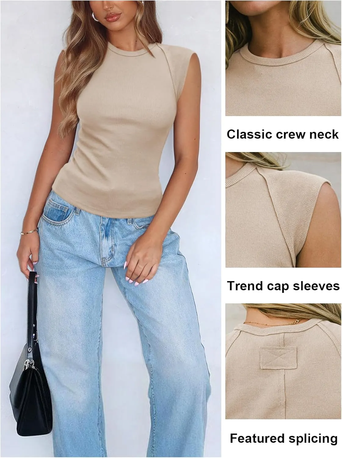 Women's Ribbed Tank Tops Trendy Casual Crew Neck Summer Club Cap Sleeve Slim Fitted Knit Basic Tee Shirts Blouse