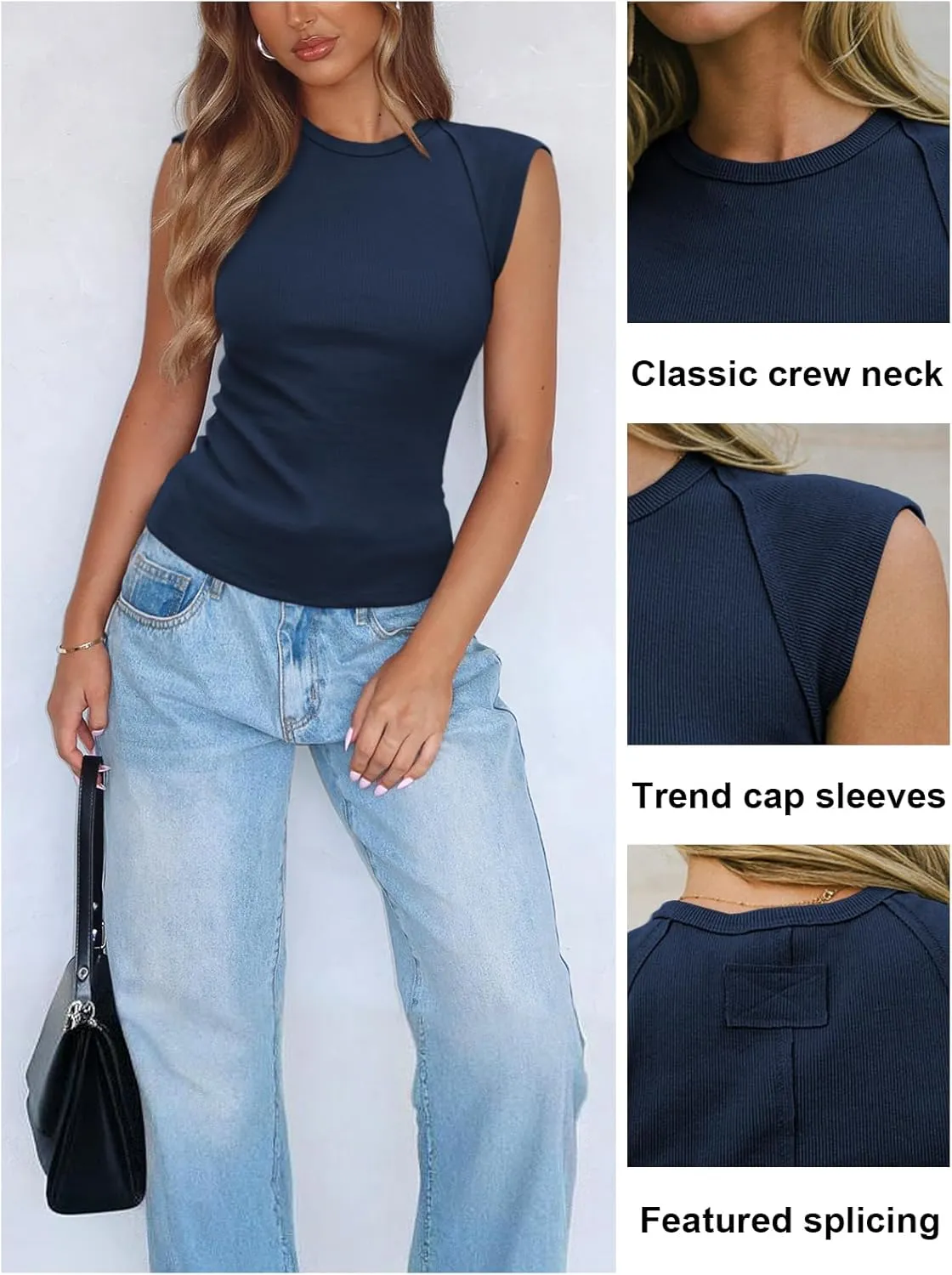 Women's Ribbed Tank Tops Trendy Casual Crew Neck Summer Club Cap Sleeve Slim Fitted Knit Basic Tee Shirts Blouse