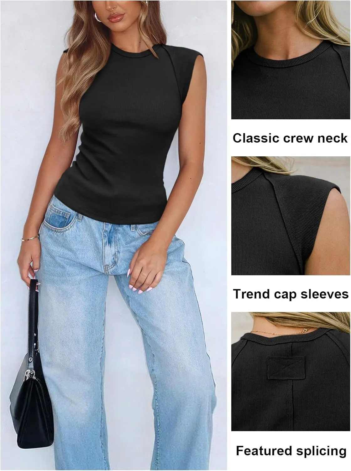 Women's Ribbed Tank Tops Trendy Casual Crew Neck Summer Club Cap Sleeve Slim Fitted Knit Basic Tee Shirts Blouse
