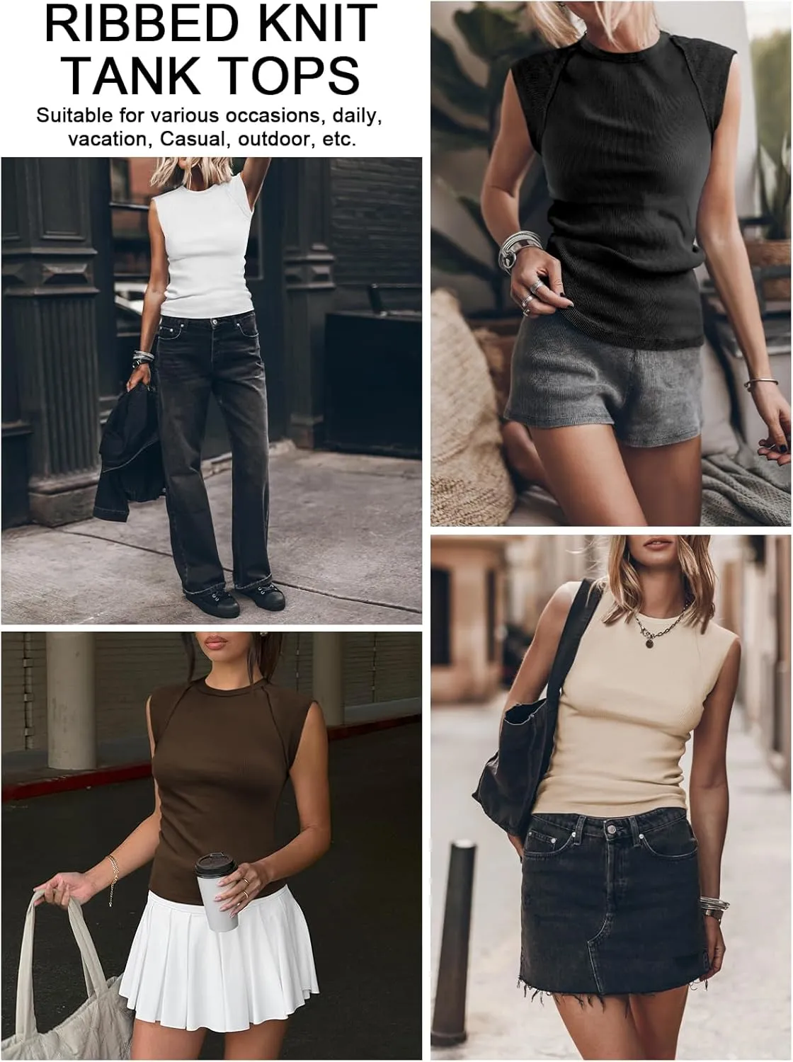 Women's Ribbed Tank Tops Trendy Casual Crew Neck Summer Club Cap Sleeve Slim Fitted Knit Basic Tee Shirts Blouse