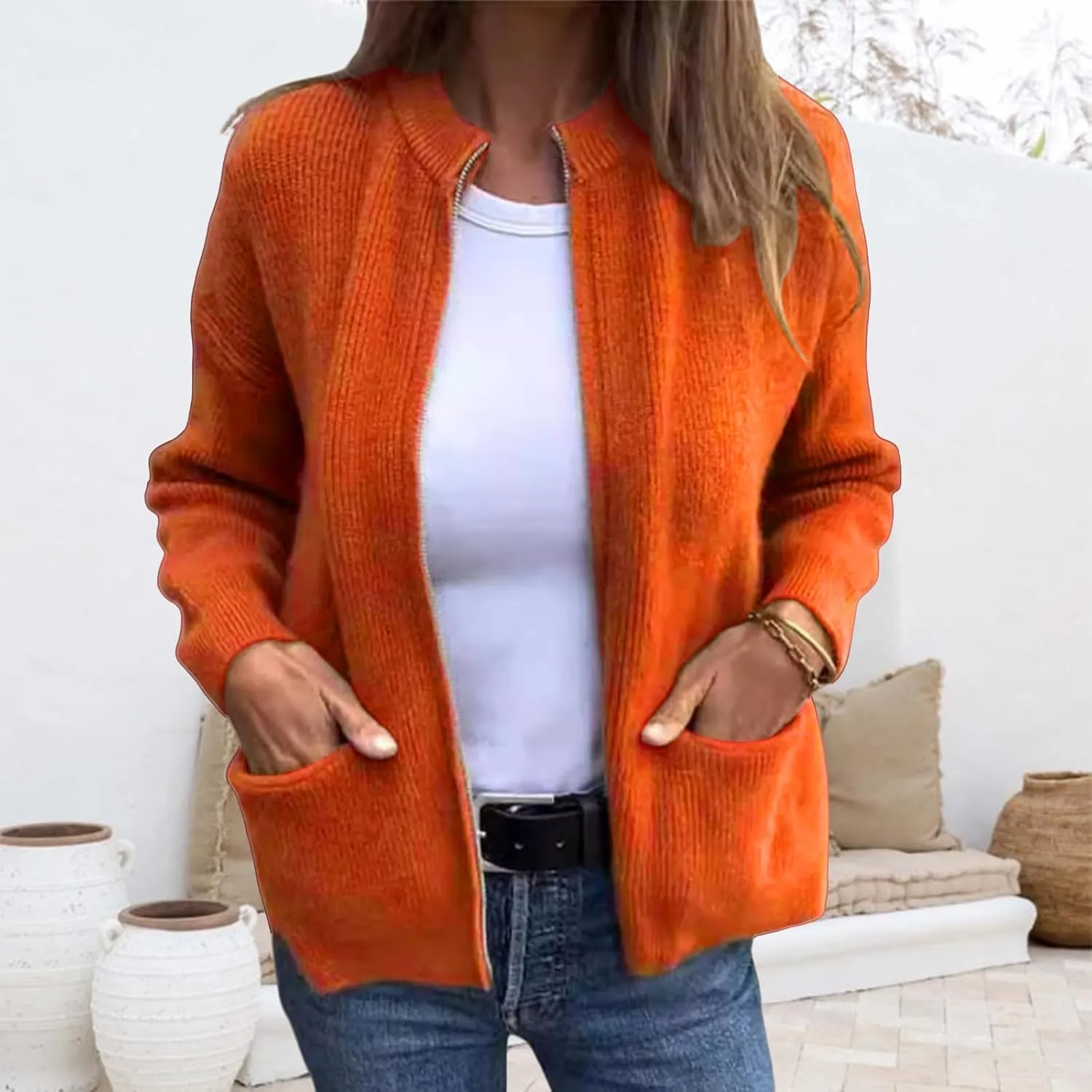 Women's Round Neck Zipper Knitted Jacket Zip Up Sweaters Long Sleeve Casual Loose Outwear with Pockets