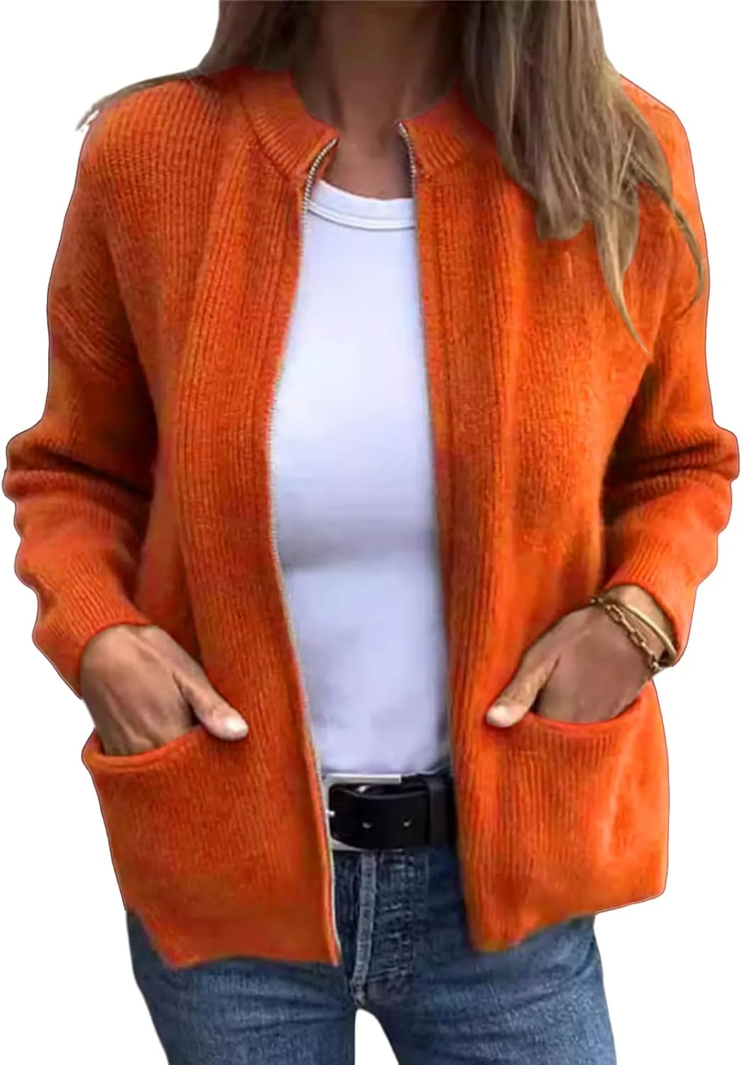 Women's Round Neck Zipper Knitted Jacket Zip Up Sweaters Long Sleeve Casual Loose Outwear with Pockets