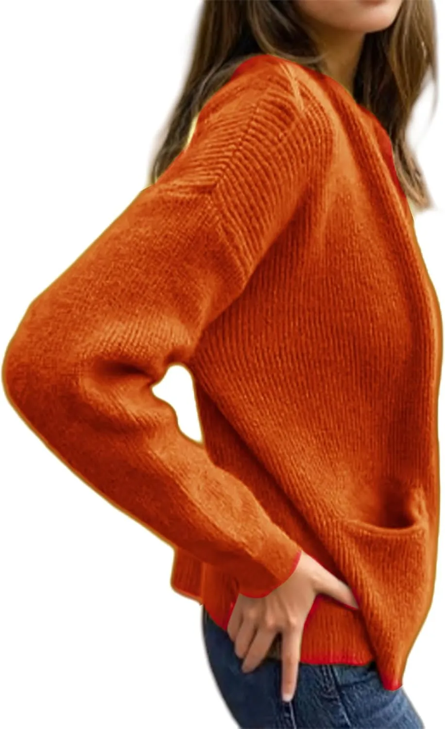 Women's Round Neck Zipper Knitted Jacket Zip Up Sweaters Long Sleeve Casual Loose Outwear with Pockets