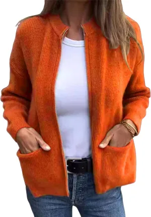 Women's Round Neck Zipper Knitted Jacket Zip Up Sweaters Long Sleeve Casual Loose Outwear with Pockets