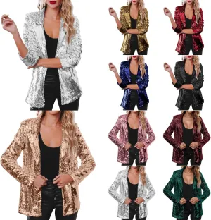 Women's Sequin Blazer Jacket Lightweight Casual Long Sleeves Cardigan Coat Evening Glitter Sparkle Sequins Shiny Outfit
