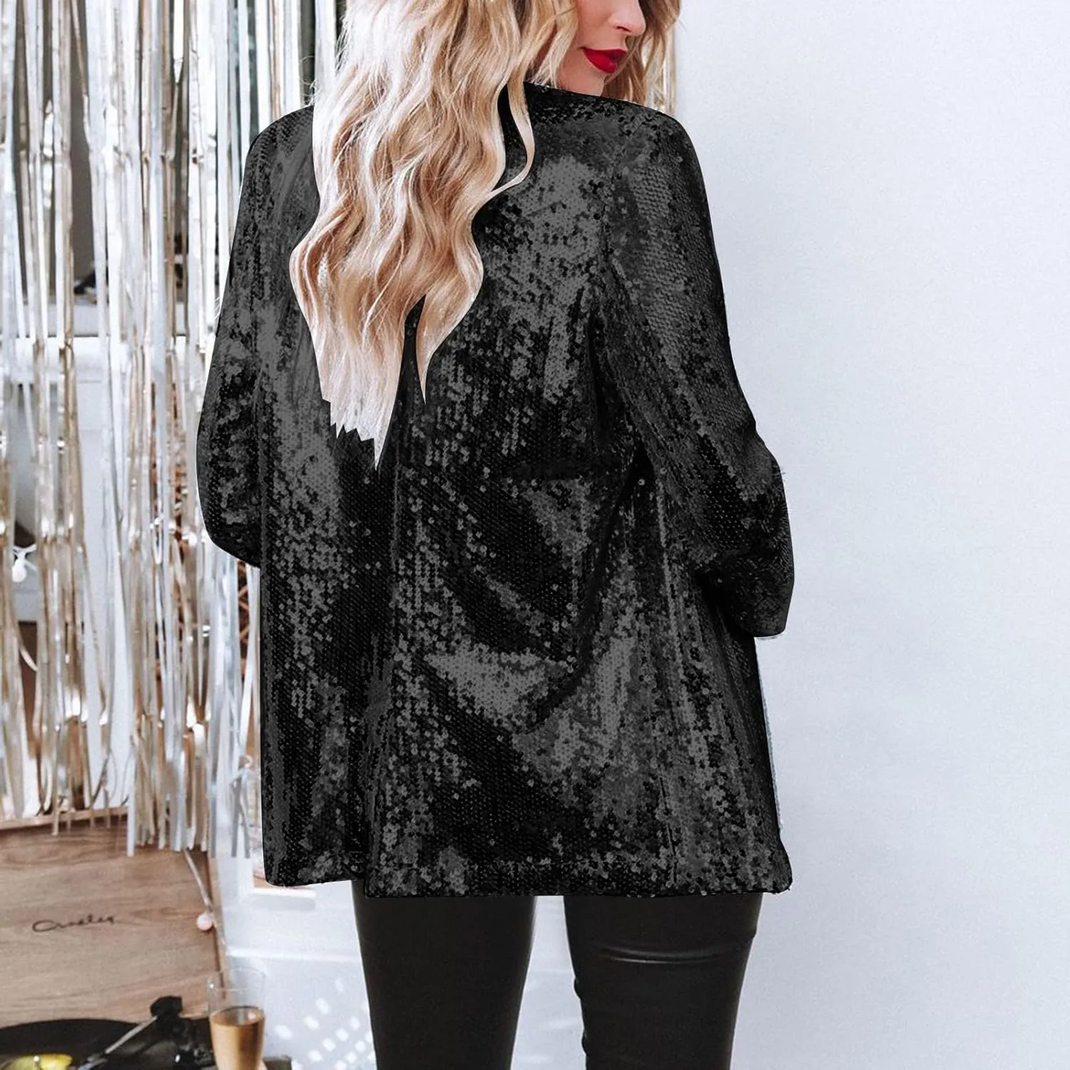 Women's Sequin Blazer Jacket Lightweight Casual Long Sleeves Cardigan Coat Evening Glitter Sparkle Sequins Shiny Outfit