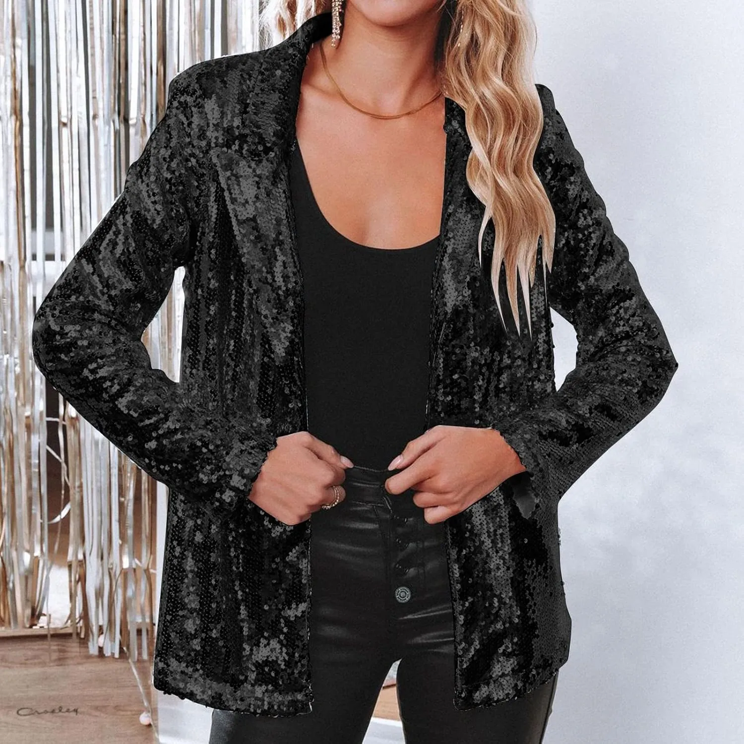 Women's Sequin Blazer Jacket Lightweight Casual Long Sleeves Cardigan Coat Evening Glitter Sparkle Sequins Shiny Outfit