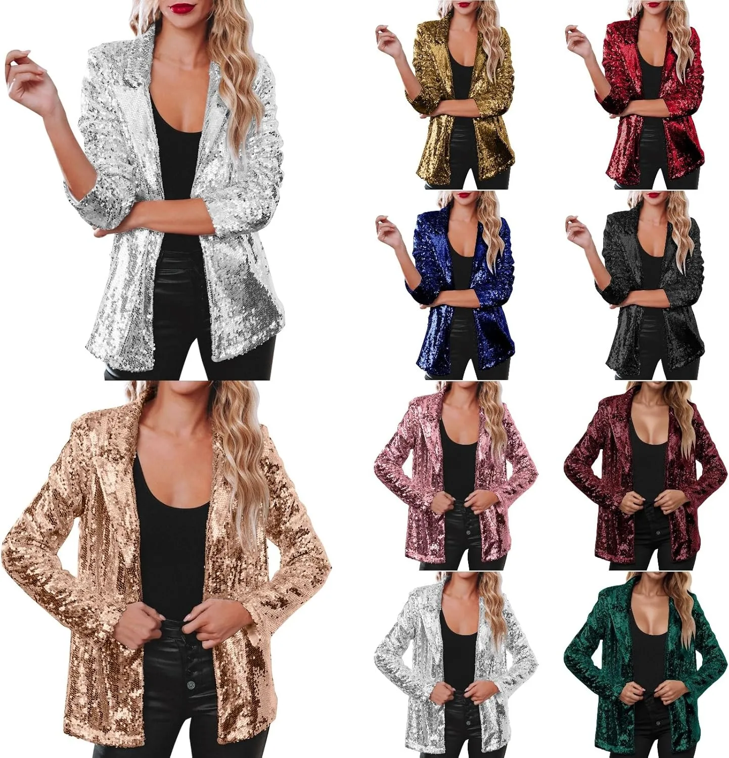 Women's Sequin Blazer Jacket Lightweight Casual Long Sleeves Cardigan Coat Evening Glitter Sparkle Sequins Shiny Outfit