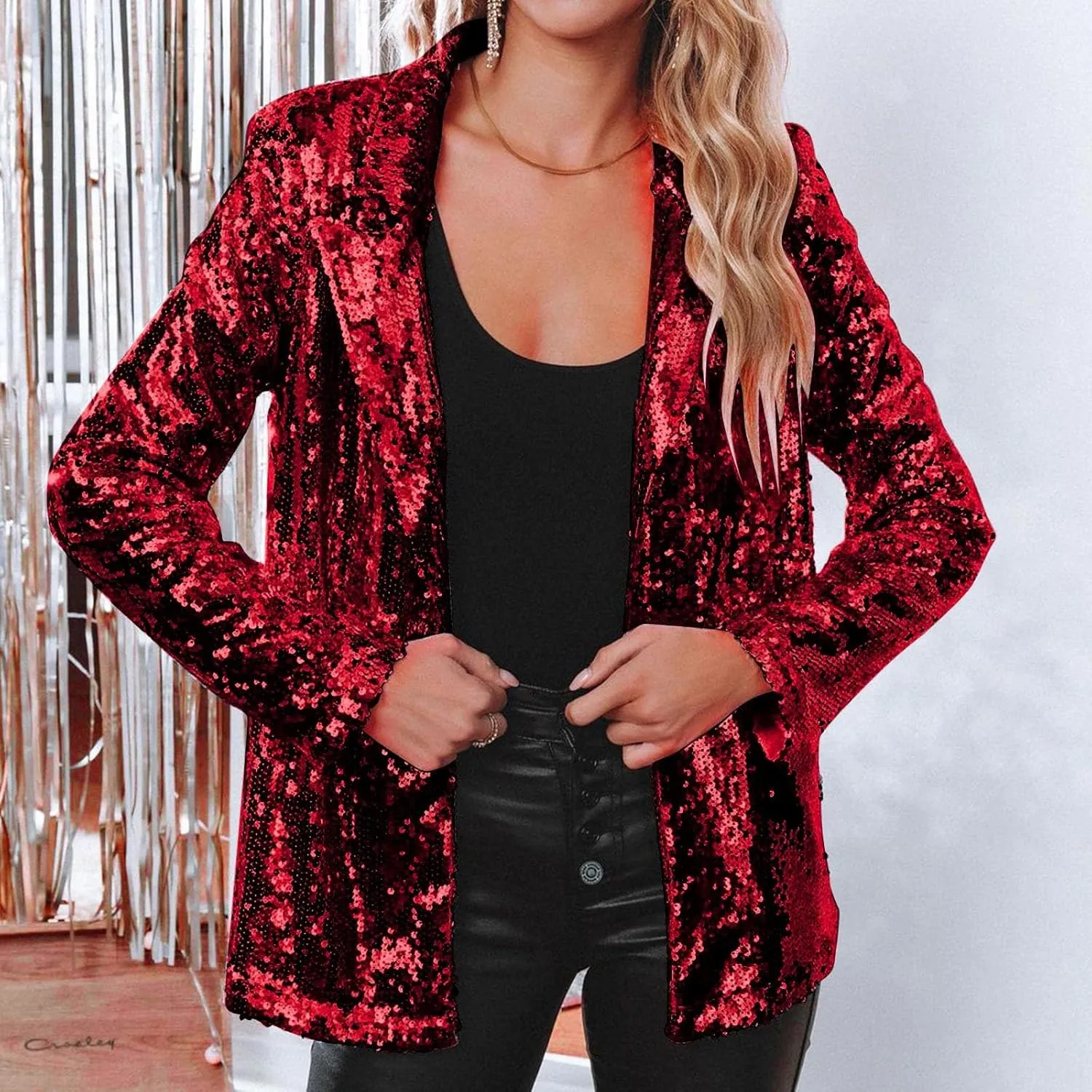 Women's Sequin Jacket Shiny Open Front Glitter Blazer Evening Party Sparkly Long Sleeve Slim Cardigan Coat
