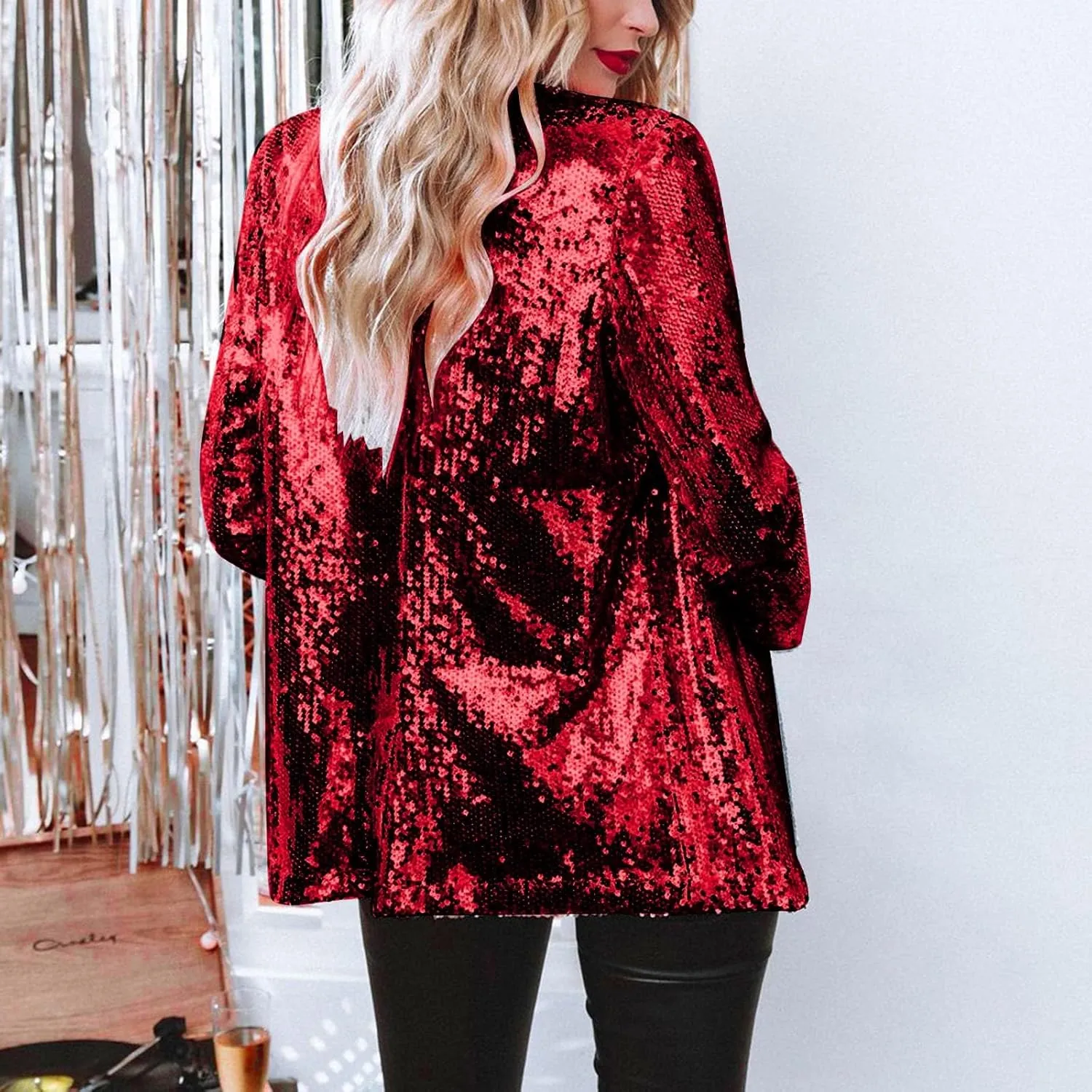 Women's Sequin Jacket Shiny Open Front Glitter Blazer Evening Party Sparkly Long Sleeve Slim Cardigan Coat