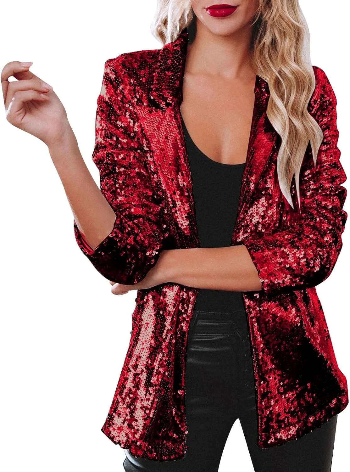 Women's Sequin Jacket Shiny Open Front Glitter Blazer Evening Party Sparkly Long Sleeve Slim Cardigan Coat