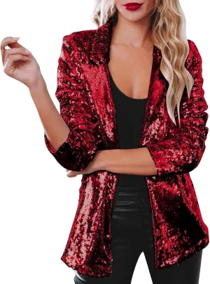Women's Sequin Jacket Shiny Open Front Glitter Blazer Evening Party Sparkly Long Sleeve Slim Cardigan Coat