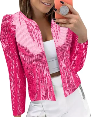 Women's Sequin Jackets Open Front Blazer Jacket Casual Long Sleeve Sparkly Cardigan 2025 Coat Mardi Gras Outfit