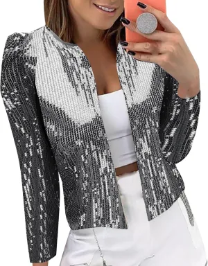 Women's Sequin Jackets Open Front Blazer Jacket Casual Long Sleeve Sparkly Cardigan 2025 Coat Mardi Gras Outfit